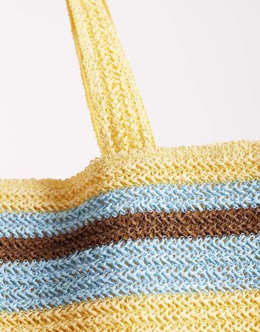 South Beach - Borsa shopping da spiaggia in paglia a righe gialle, marroni e blu, 3 di 4