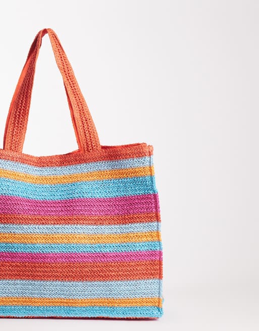 South Beach - Borsa shopping da spiaggia in paglia arancione e blu a righe , 3 di 4