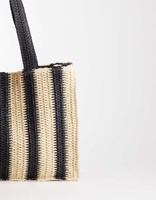 South Beach - Borsa shopping da spiaggia in paglia monocromatica a righe verticali, 4 di 4
