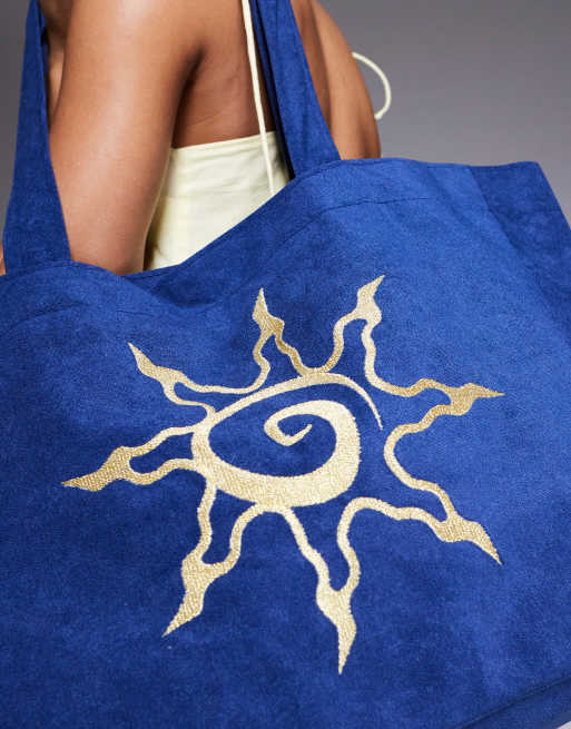 South Beach - Borsa shopping in spugna blu navy scuro con motivo con sole, 4 di 4