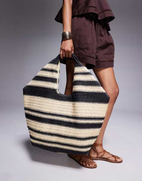 South Beach - Borsa shopping oversize nera a righe in paglia - view 1