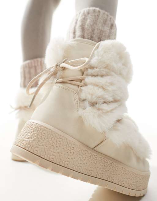 South Beach - Bottines de neige à lacets en fausse fourrure - Crème, 2 de 4