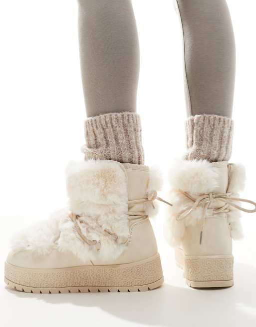 South Beach - Bottines de neige à lacets en fausse fourrure - Crème, 3 de 4