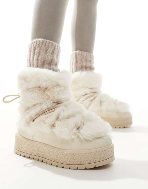 South Beach - Bottines de neige à lacets en fausse fourrure - Crème, 4 de 4