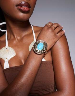 South Beach - Bracelet jonc oversize orné d'une pierre de turquoise - Doré