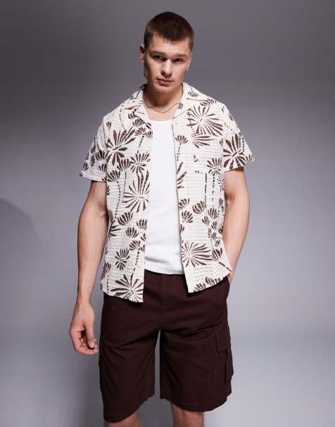 South Beach embroidered short sleeve beach shirt in brown