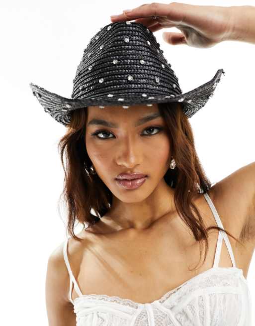 South Beach bridal embellished straw cowboy hat in black | ASOS