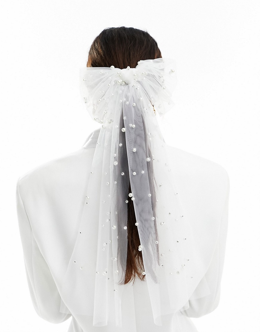 South Beach bridal pearl embellished bow in white-Black