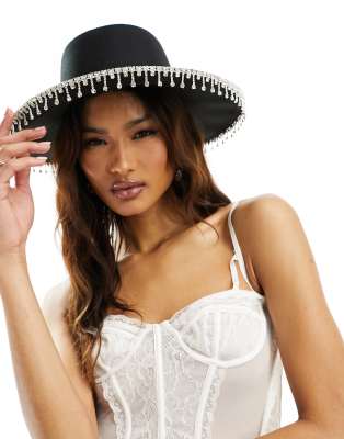 South Beach bridal wide brim hat with embellished TOE in black 