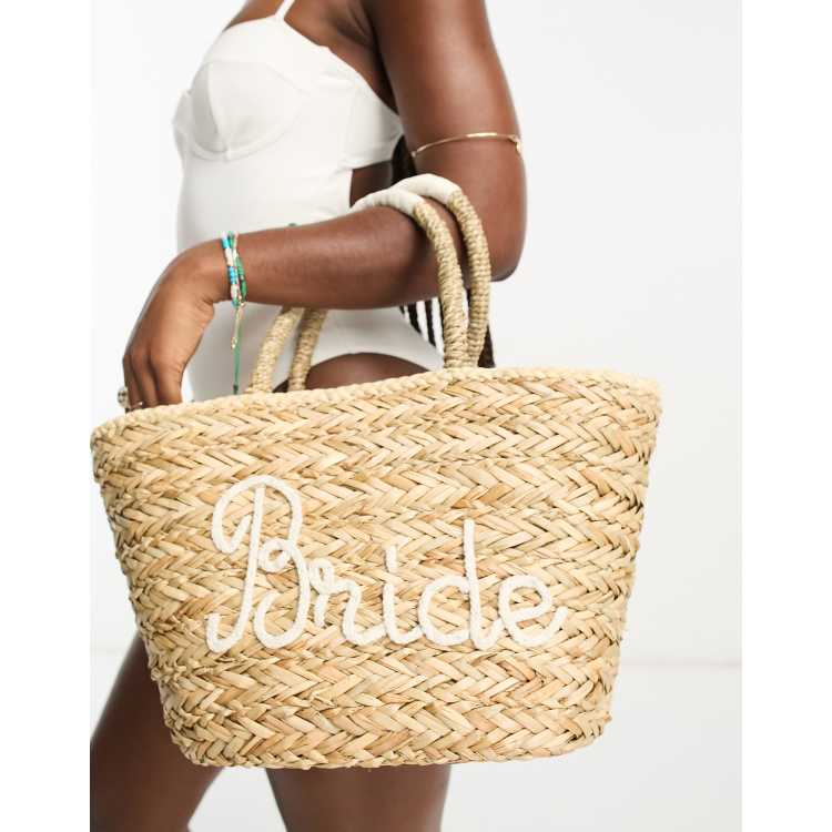 South Beach bride embroidered straw bucket bag in beige