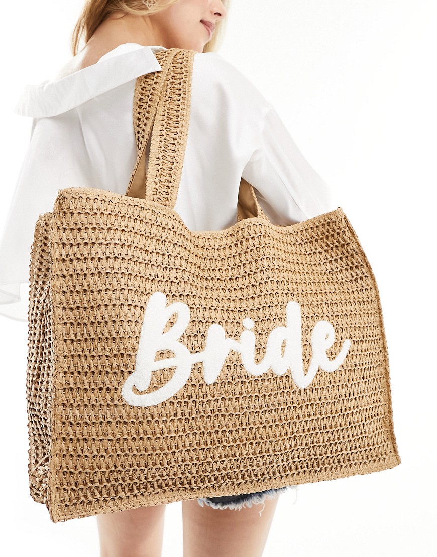 South Beach bride embroidered woven shoulder tote bag in beige-Neutral
