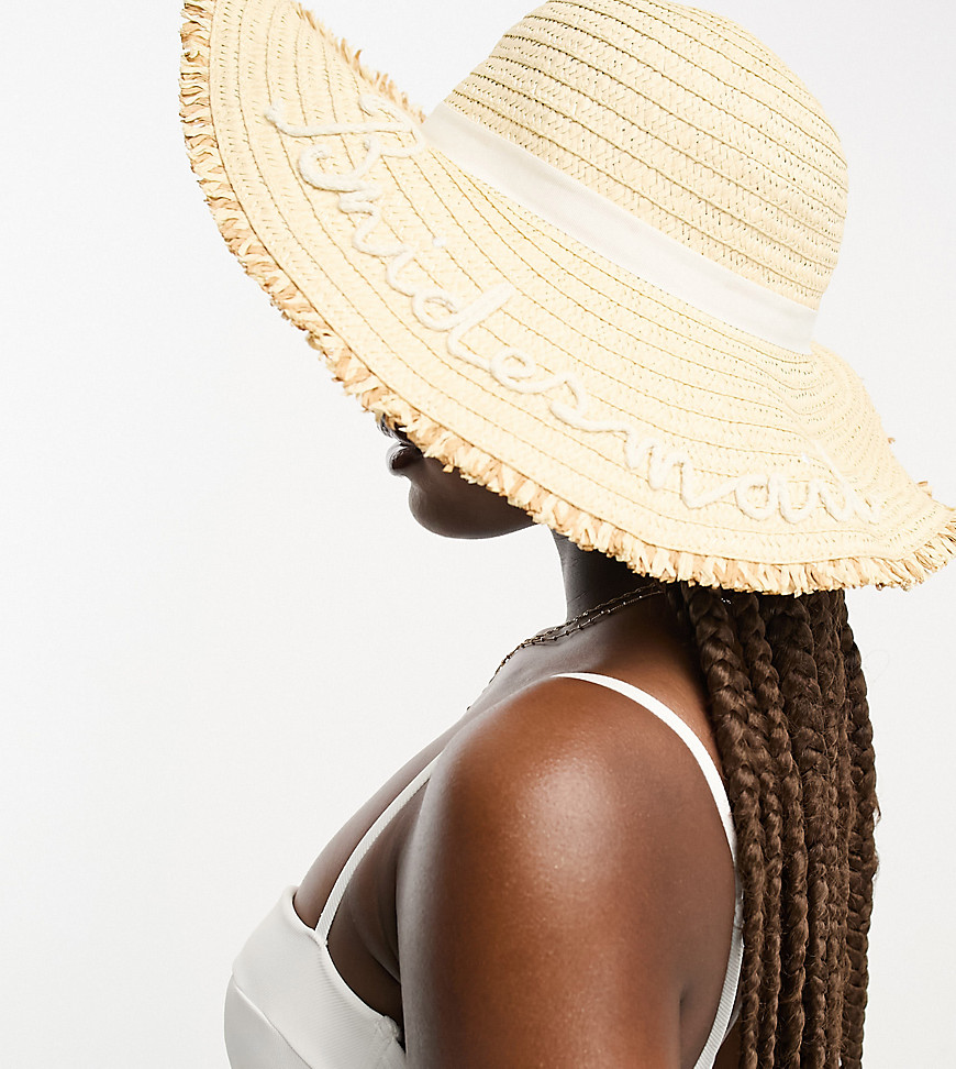 South Beach bridesmaid embroidered wide brim hat in cream-White