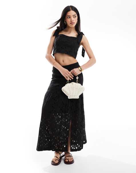 South Beach Broderie midi skirt in black - view 1