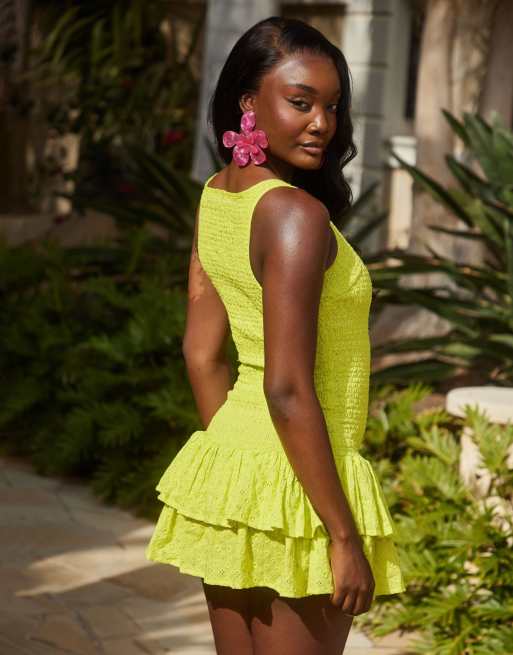 South Beach broderie ruffle mini beach dress in chartreuse , 3 of 4
