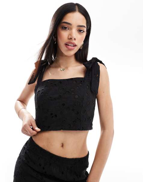 South Beach Broderie tie shoulder top in black - view 1