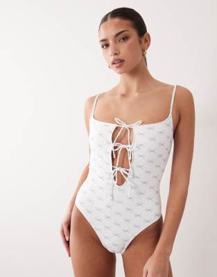 South Beach Broderie Tie Swimsuit With Bow Detail In White