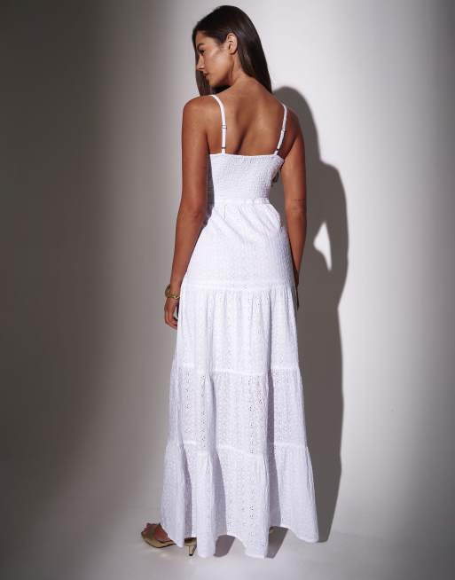 South Beach Broderie twist front tiered maxi dress in white, 4 of 4