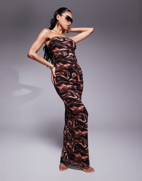 South Beach - Brun maxi-strandkjole i mesh med for og bandeau-design og abstrakt print - view 1