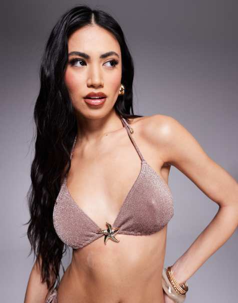 South Beach – Brungrå, glittrig bikiniöverdel i trekantsmodell med halterneck - view 1