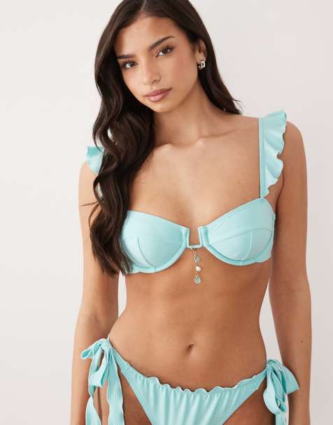 South Beach – Bügel-Bikinioberteil in Teal mit Rüschendetail - view 1