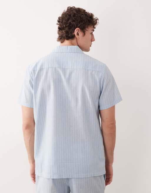 South Beach - Camicia a maniche corte in misto lino blu a righe, 5 di 5