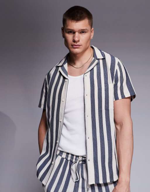 South Beach - Camicia a maniche corte testurizzata a righe blu in coordinato