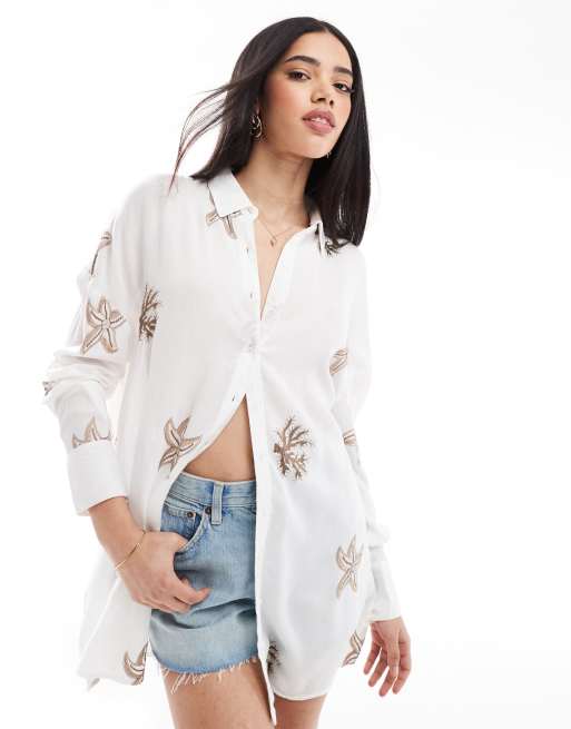 South Beach - Camicia a maniche lunghe tortora con ricami