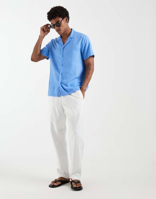 South Beach - Camicia blu medio in misto lino a maniche corte, 2 di 5