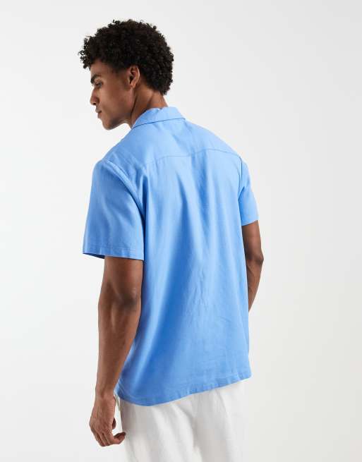 South Beach - Camicia blu medio in misto lino a maniche corte, 3 di 5