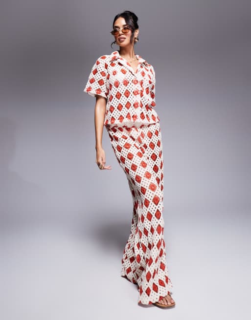 South Beach - Camicia da mare a maniche corte color panna e ruggine all'uncinetto in coordinato
