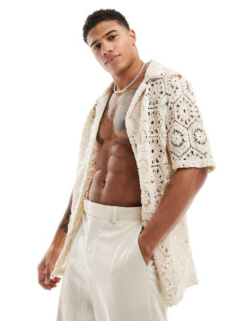 South Beach - Camicia da spiaggia a maniche corte all'uncinetto