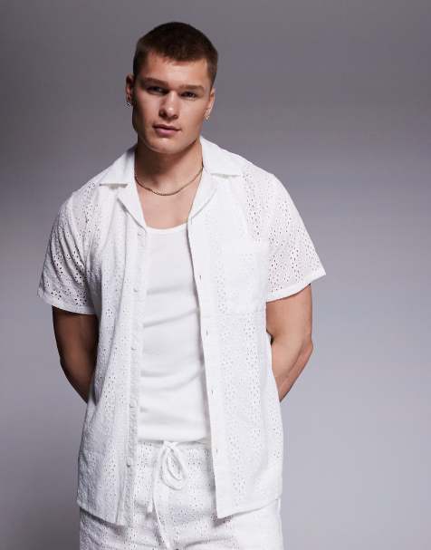 South Beach - Camicia da spiaggia a maniche corte bianca in pizzo sangallo in coordinato - view 1