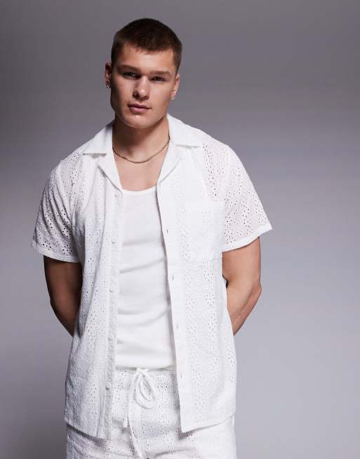 South Beach - Camicia da spiaggia a maniche corte bianca in pizzo sangallo in coordinato