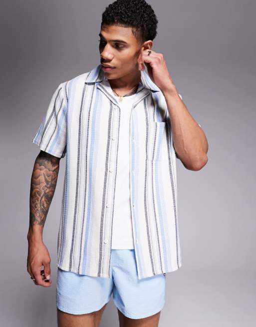 South Beach - Camicia da spiaggia a maniche corte blu a righe multicolore
