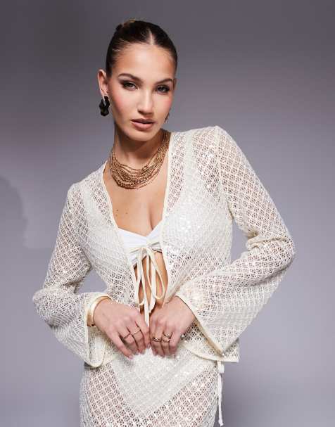 South Beach - Camicia da spiaggia a maniche lunghe crema con paillettes e allacciatura frontale in coordinato - view 1