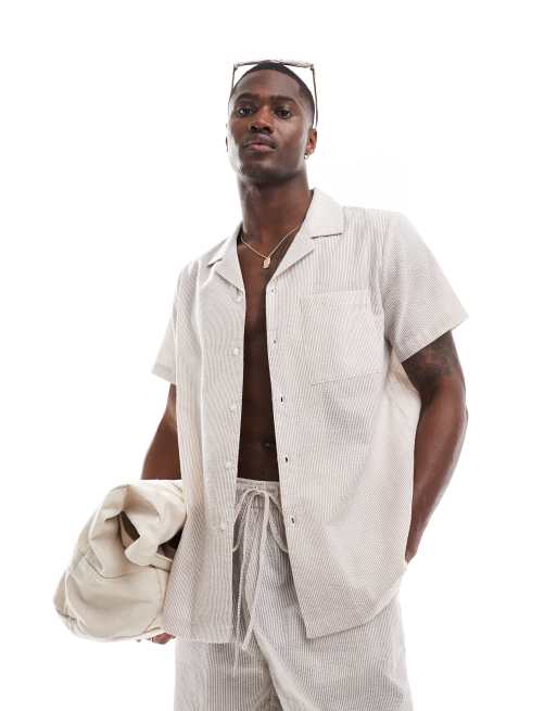 South Beach - Camicia da spiaggia in seersucker beige e crema a righe in coordinato