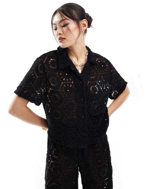 South Beach - Camicia da spiaggia oversize nera all'uncinetto in coordinato - view 1
