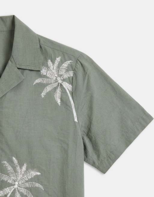 South Beach - Camicia da spiaggia verde salvia con palme ricamate, 9 di 9