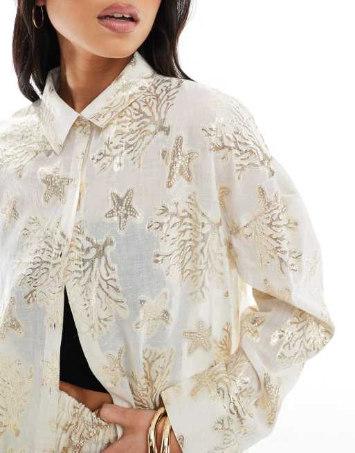 South Beach - Camicia in jacquard metallizzato oro con stelle marine, 3 di 4
