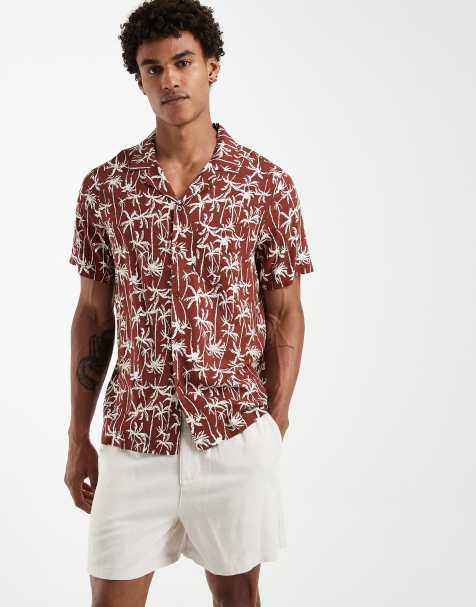 South Beach - Camicia marrone con stampa di palme e collo a rever - view 1