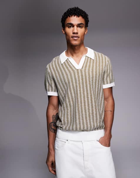 South Beach camp collar knit polo shirt in khaki stripes - view 1