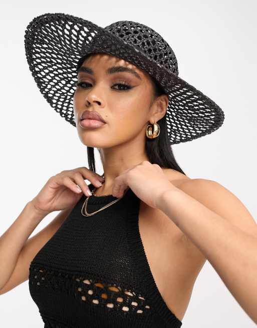 South Beach - Cappello con tesa ampia nero a trama aperta