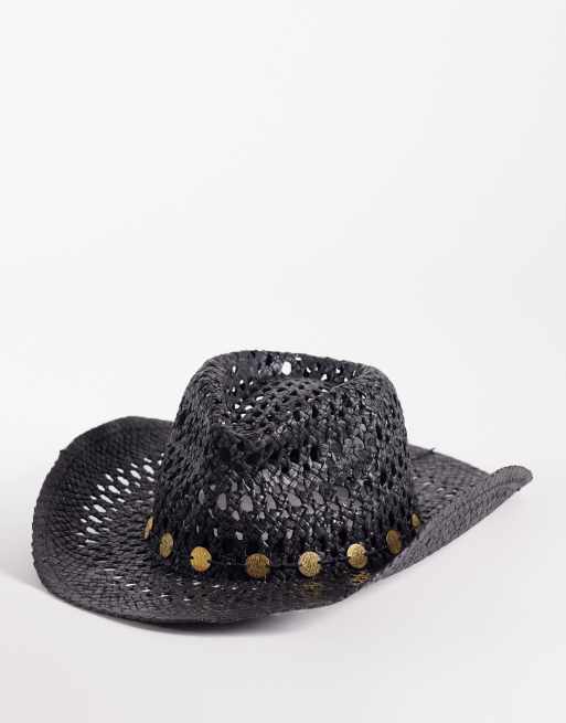 South Beach - Cappello da cowboy in paglia color argento con bordo a monete