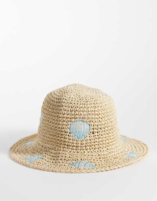 South Beach - Cappello da pescatore color naturale ricamato con conchiglie, 1 di 3
