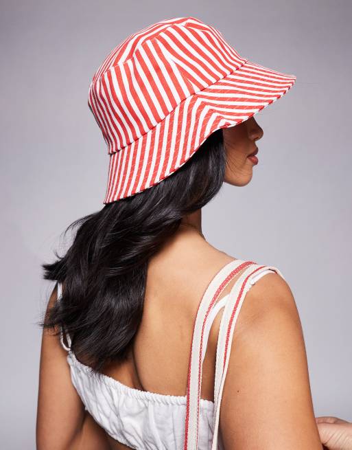 South Beach - Cappello da pescatore in cotone rosso a righe, 2 di 3