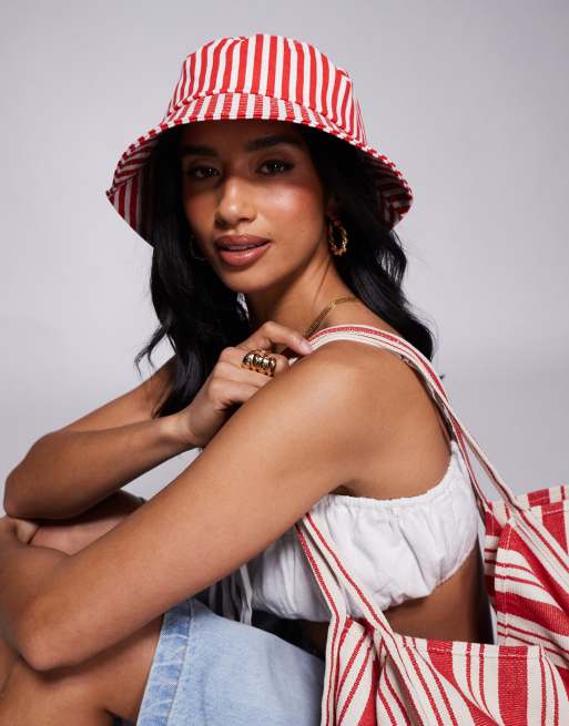 South Beach Cappello da pescatore in cotone rosso a righe ASOS