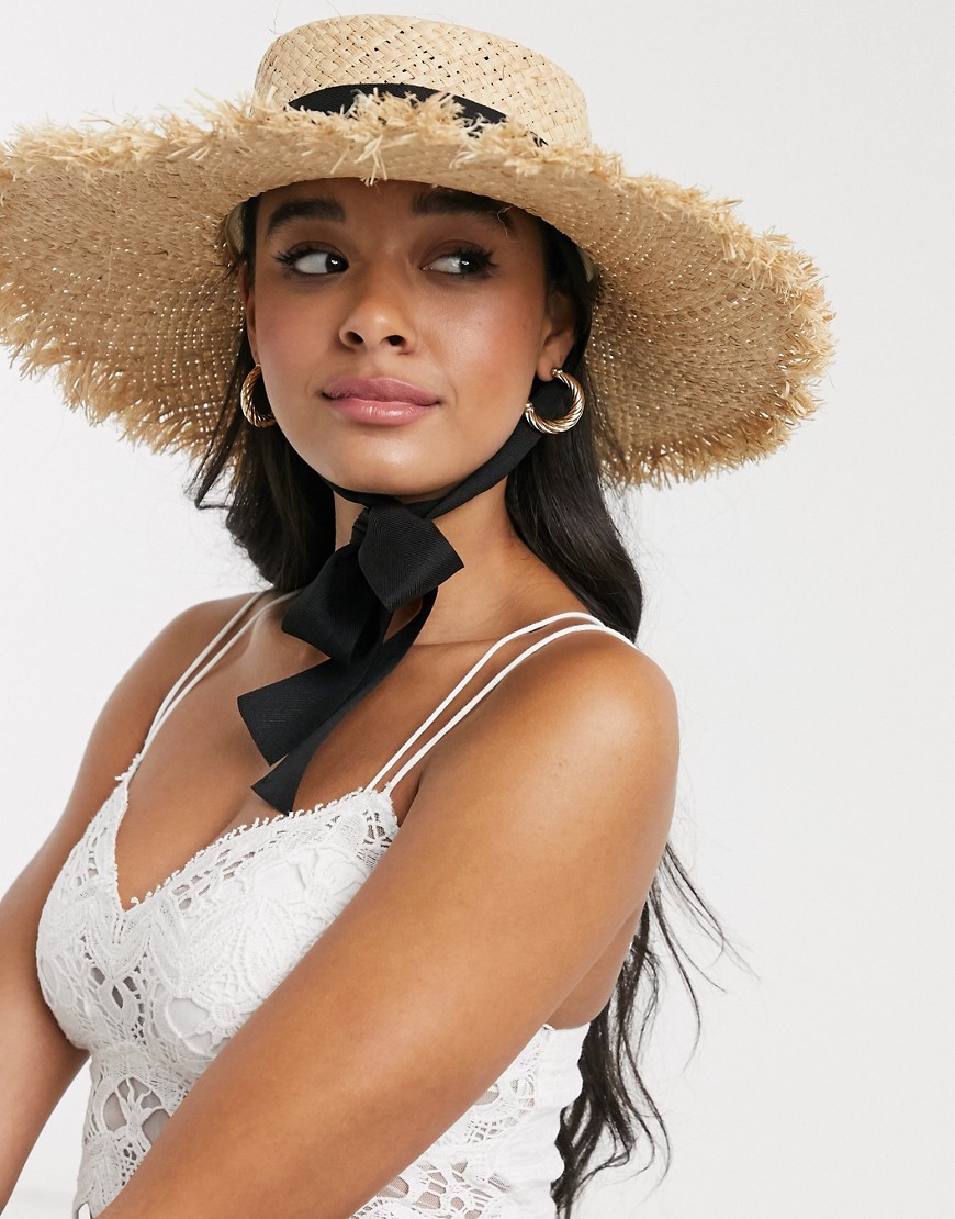 South Beach - Cappello in paglia regolabile con falda ampia e fascia nera-Beige