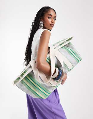 South Beach casual beach tote bag in green stripe
