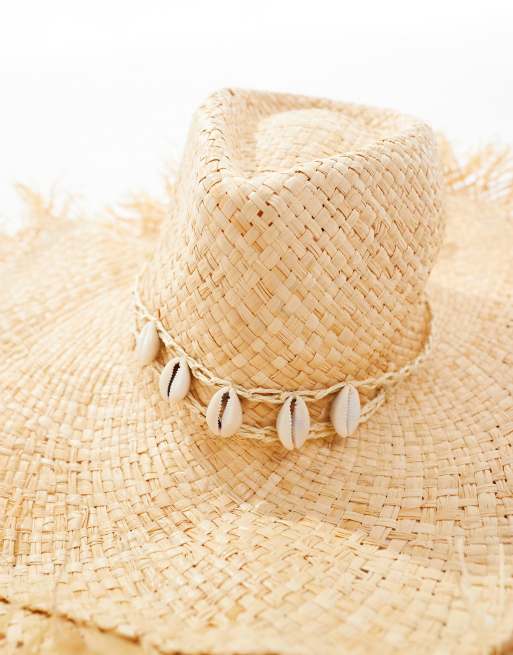 South Beach - Chapeau de cowboy de plage à bords effilochés et coquillages - Naturel , 2 de 4
