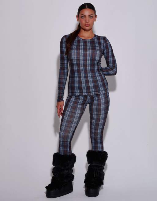 South Beach Check double brushed pointelle thermal base layer set in brown, 3 of 7